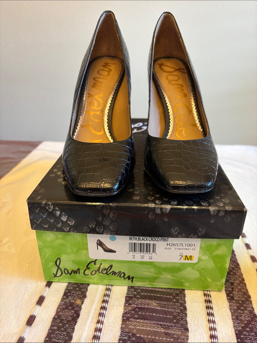Sam Edelman Black Croc-Embossed Square-Toe Pumps